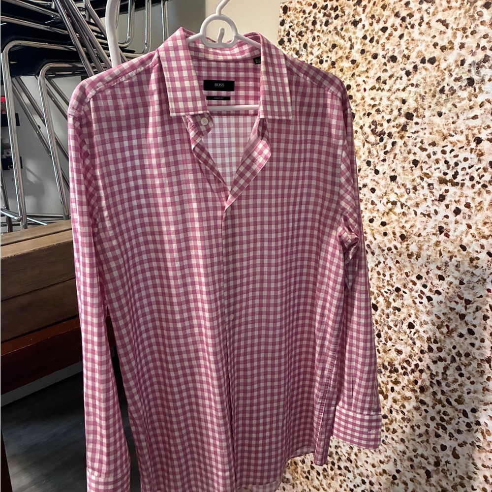 Hugo Boss Pink and White Gingham Button-Down Shirt